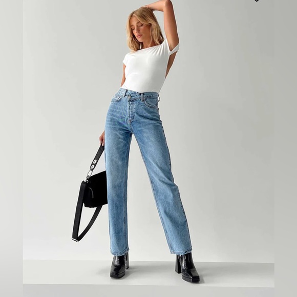 Princess Polly Denim - Princess Polly (0) asymmetric cross over straight leg high waist jeans